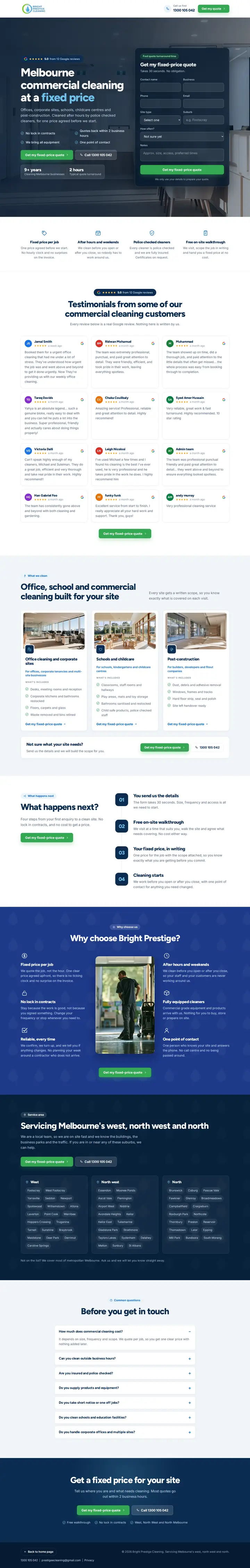 Bright Prestige Cleaning website on a desktop, full page