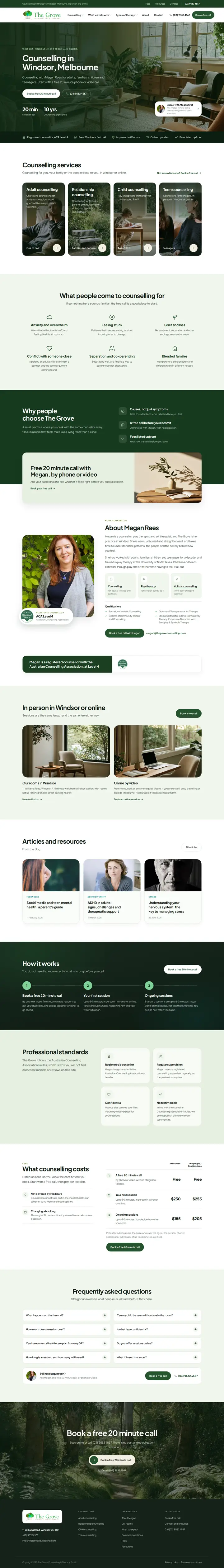 The Grove Counselling website on a desktop, full page