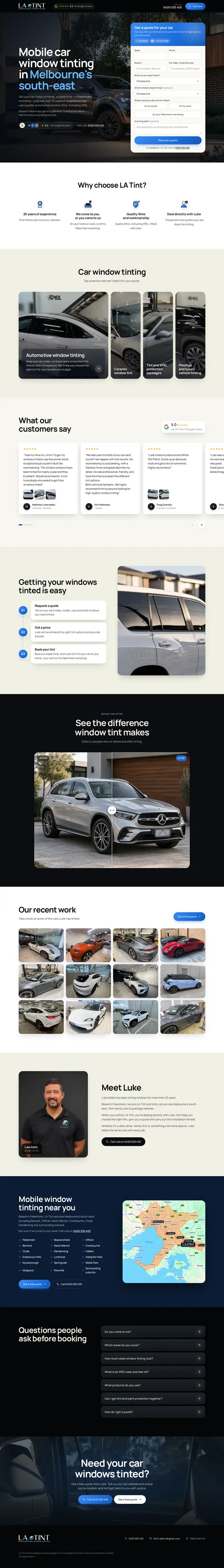 LA Tint website on a desktop, full page