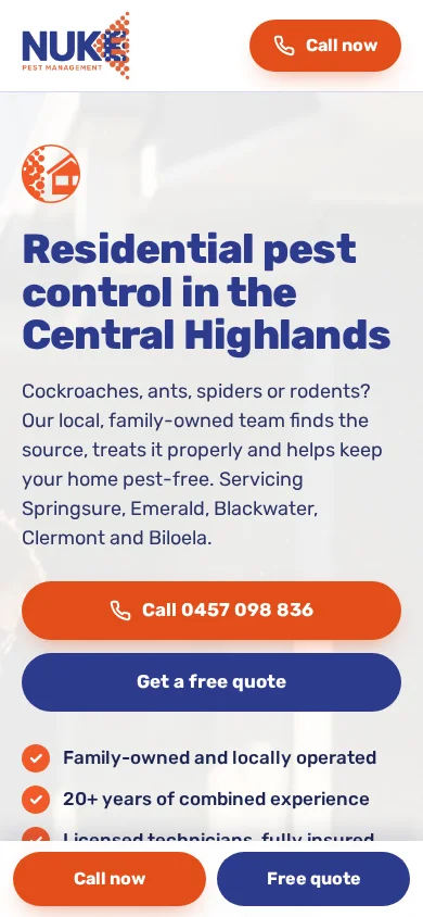 NUKE Pest Management landing page on a phone